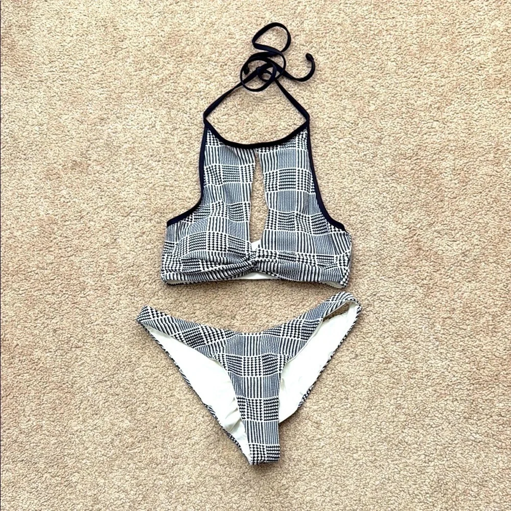 NWT L*Space Jessy High Neck Halter Top Cut Out Plaid Bikini Set Size Small